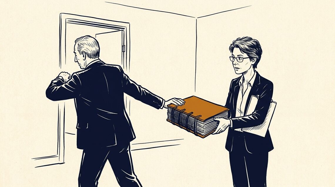 Un directivo entrega un documento voluminoso a quien va a implantar el gobierno de IA.
