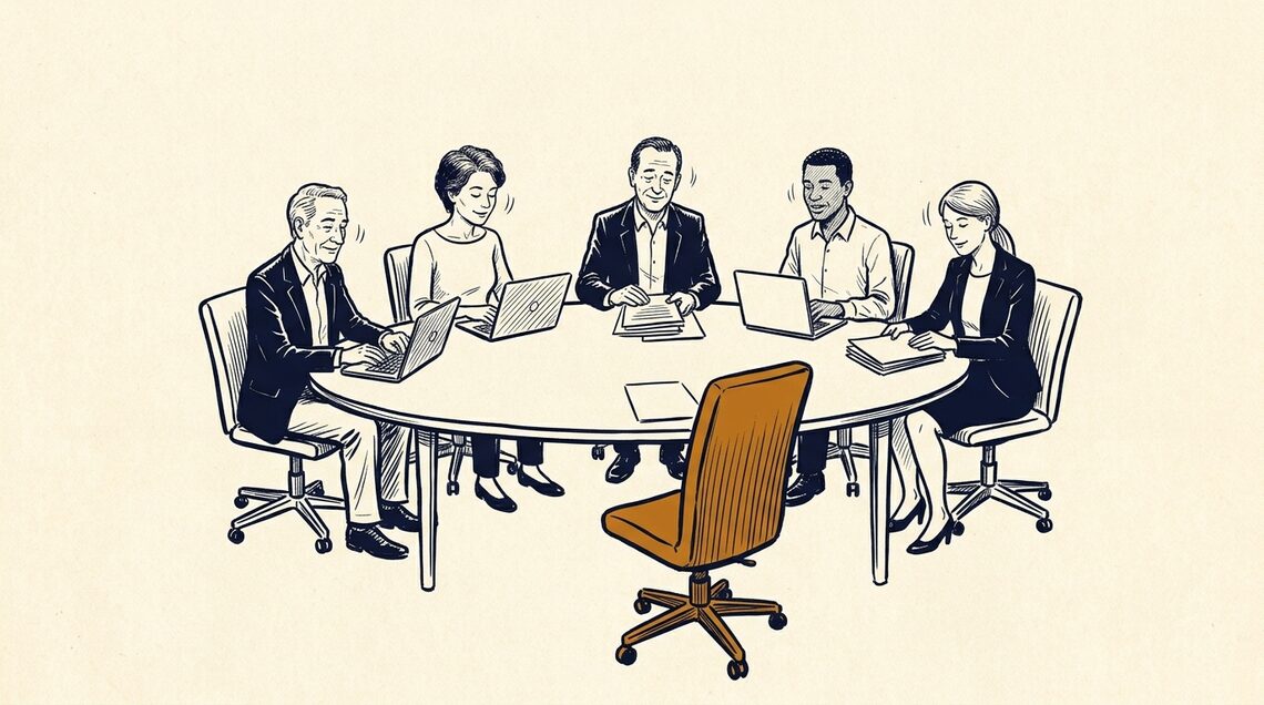 Cinco personas asienten alrededor de una mesa de reunión junto a una silla vacía.